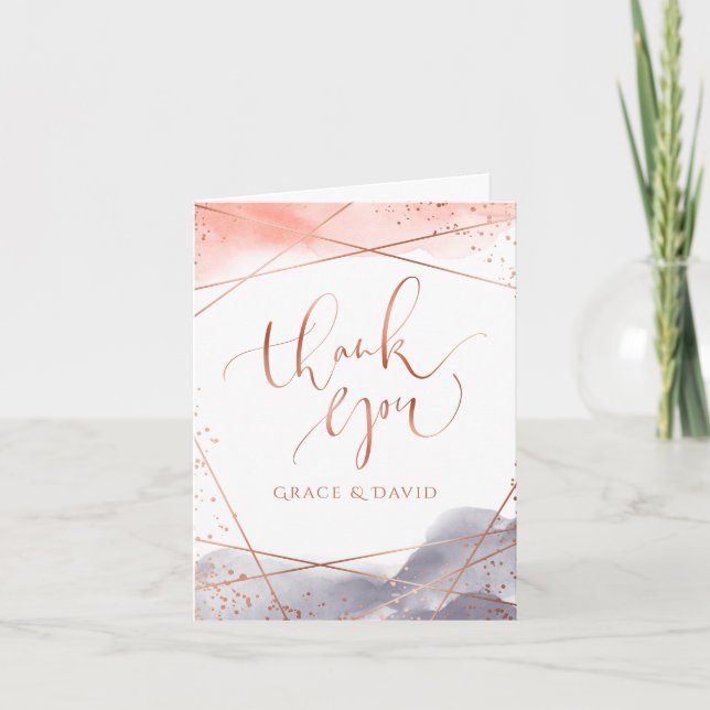 Rose Gold Dawn Watercolor Geometric Calligraphy Thank You Card (Front)
