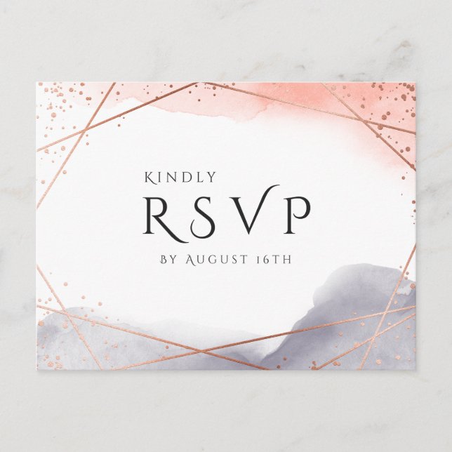 Rose Gold Dawn Watercolor Geometric Wedding RSVP Invitation Postcard (Front)