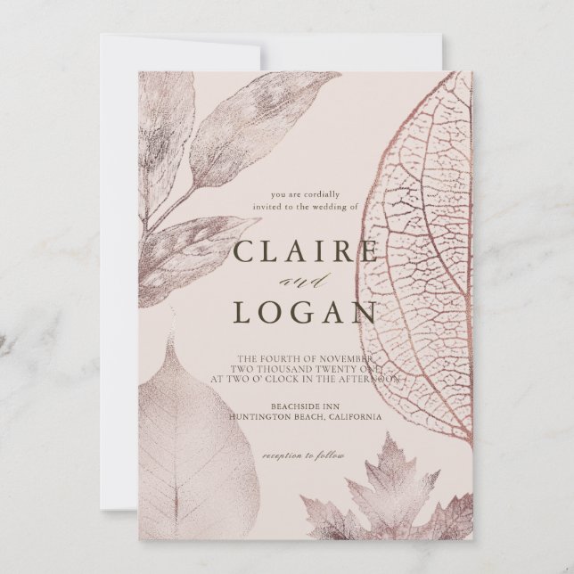 Rose Gold Delicate Leaves Pink Beige Wedding Invitation (Front)
