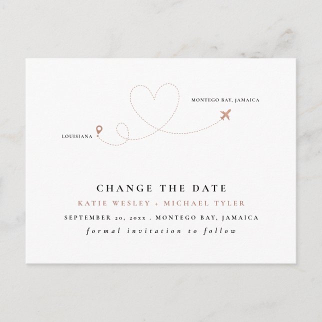 Rose Gold Destination Wedding Change the Date Announcement Postcard (Front)