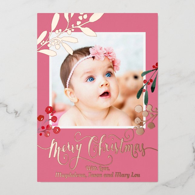 rose gold details Merry Christmas newborn Foil Holiday Card (Front)