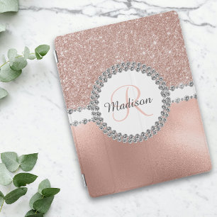 Rose Gold Diamond Bling Monogram Pretty Trendy iPad Cover
