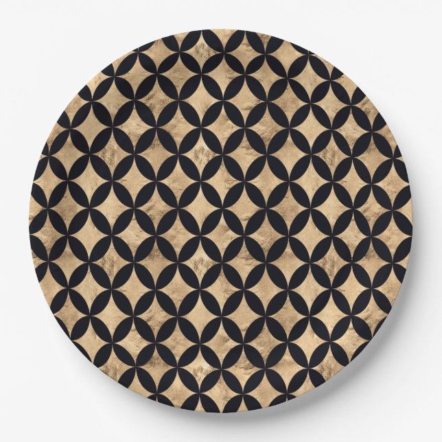 Rose gold diamond circle on black background paper plate (Front)