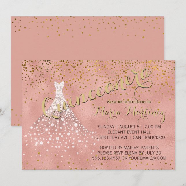 Rose Gold Diamond Dress Quinceanera Invitation (Front/Back)