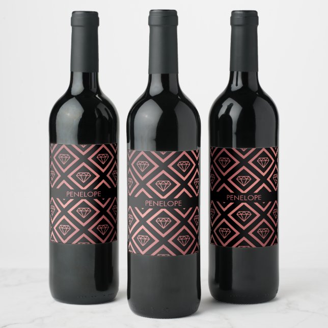 Rose Gold Diamond Pattern Wine Label (Bottles)