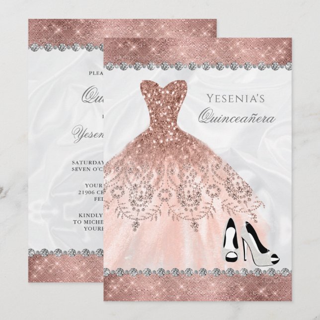 Rose Gold Diamond Sparkle Glam Quinceanera Invitation (Front/Back)