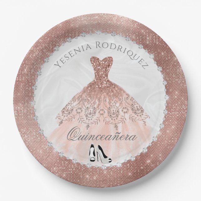 Rose Gold Diamond Sparkle Glam Quinceañera Paper Plate (Front)