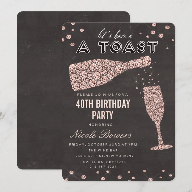 Rose Gold Diamond Wine Glass Birthday Invitation (Front/Back)