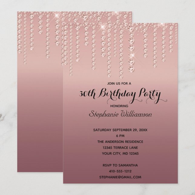Rose Gold Diamonds Dripping Trendy Birthday  Invitation (Front/Back)