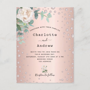 Rose gold diamonds florals wedding invitation postcard