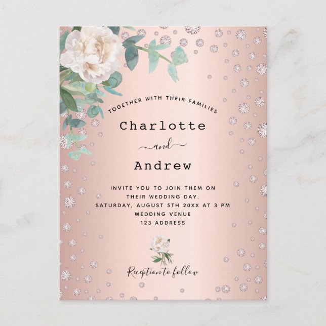 Rose gold diamonds florals wedding invitation postcard (Front)