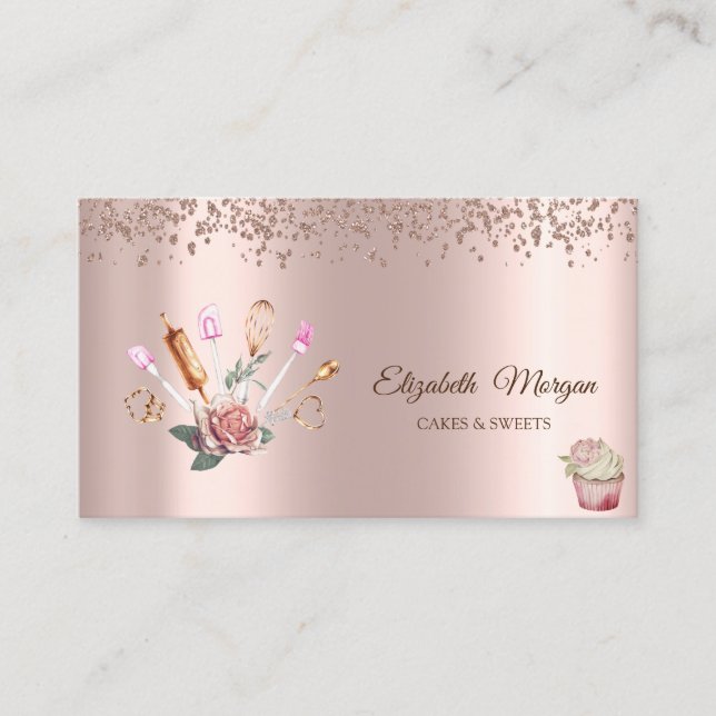 Rose Gold Diamonds,Flower,Cupcake Bakery Tools Business Card (Front)