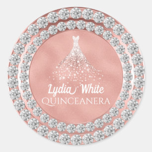 Rose Gold Diamonds Sparkle Dress Quinceanera Classic Round Sticker