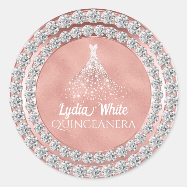 Rose Gold Diamonds Sparkle Dress Quinceanera Classic Round Sticker (Front)