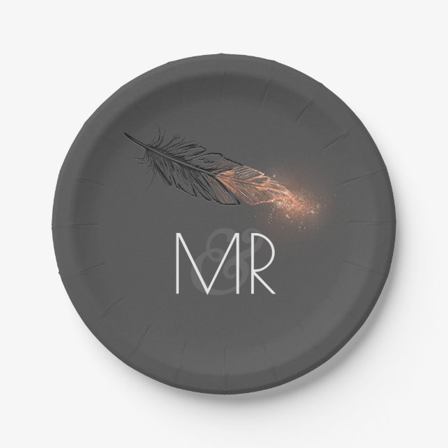 Rose Gold Dipped Feather Elegant Grey Wedding Paper Plate (Front)