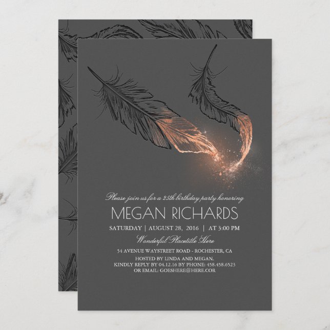 Rose Gold Dipped Feathers Glitter Birthday Party Invitation (Front/Back)