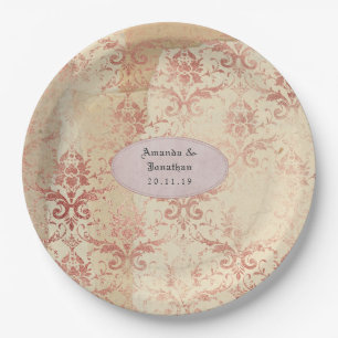 Rose Gold Distressed Damask Wedding Paper Plate
