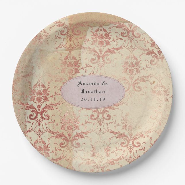 Rose Gold Distressed Damask Wedding Paper Plate (Front)
