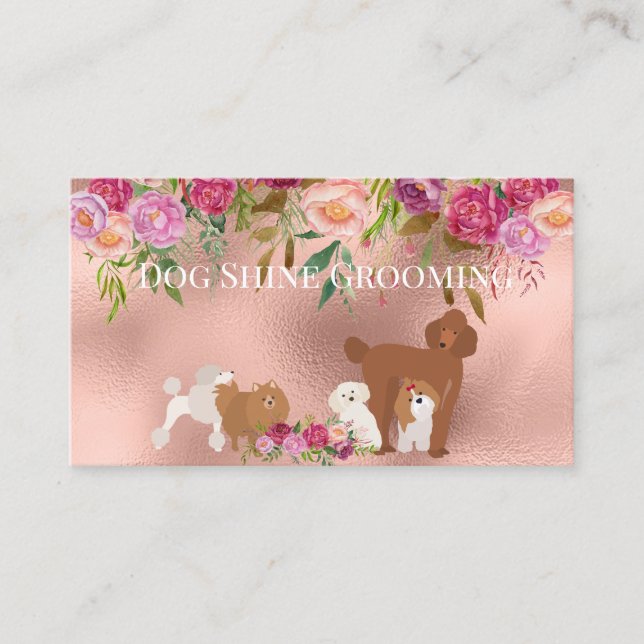 Rose Gold Dog Grooming Floral Pet Services  Business Card (Front)