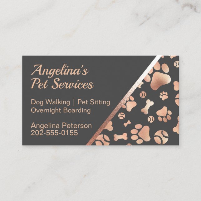 Rose Gold Dog Walker Pet Paw Print Business Card (Front)