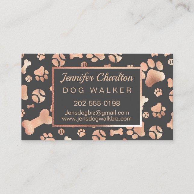 Rose Gold Dog Walker Pet Sitter Paw Print Business Card (Front)