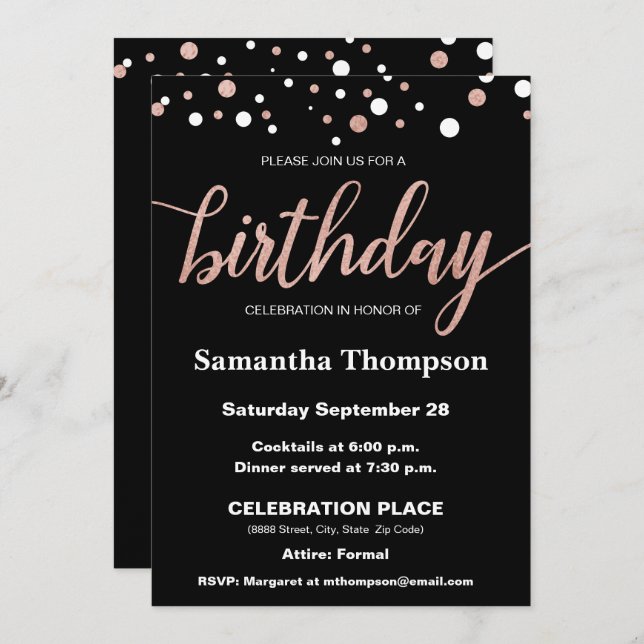 Rose Gold, Dots, Birthday Script on Black, Elegant Invitation (Front/Back)