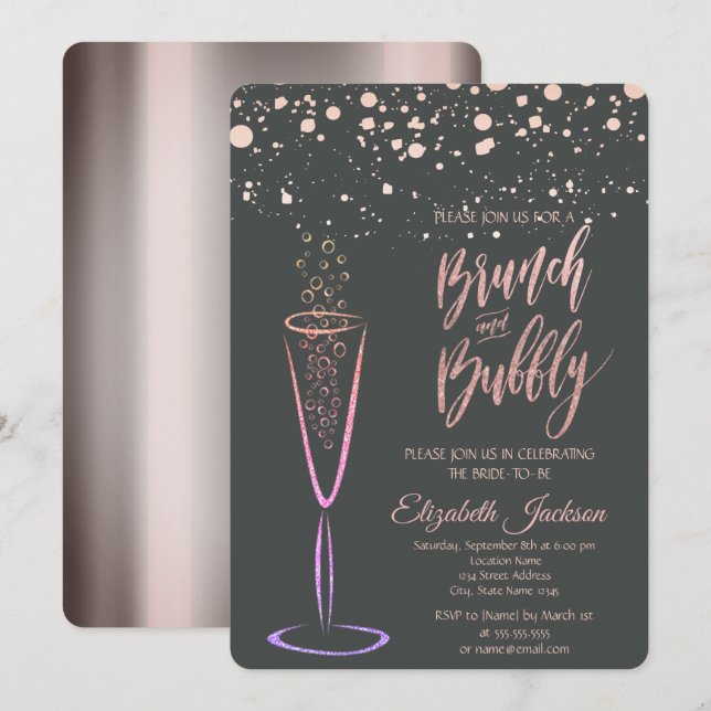 Rose Gold Dots Champagne Glass Bridal Shower Invitation (Front/Back)