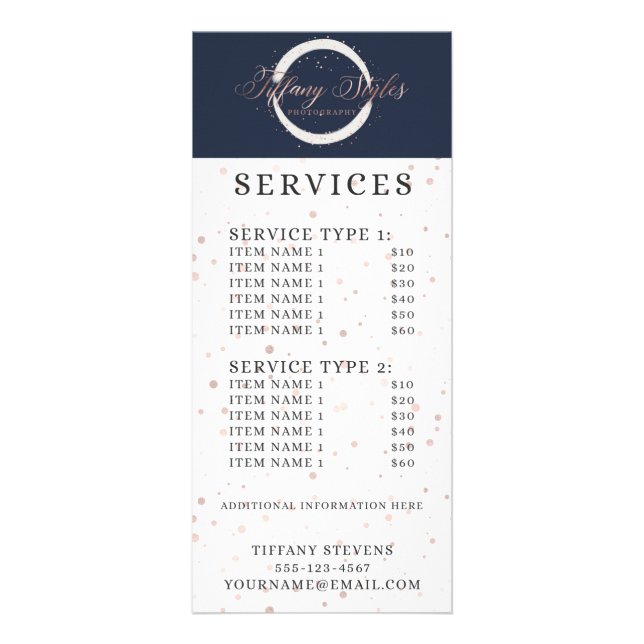 Rose Gold Dots & Navy Blue Company Price List Rack Card (Front)