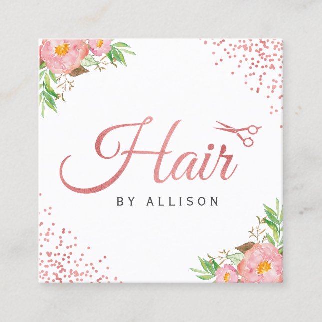 Rose Gold Dots Scissors Floral Hair Stylist Square Business Card (Front)