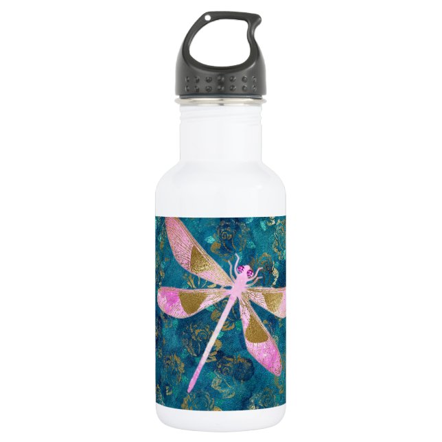 Rose Gold Dragonfly on Turquoise Floral Background 532 Ml Water Bottle (Front)