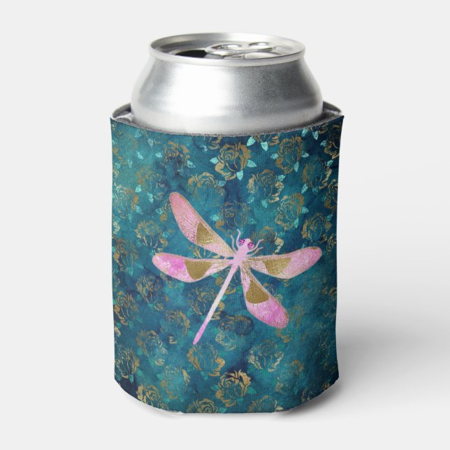 Rose Gold Dragonfly on Turquoise Floral Background Can Cooler (Can Front)