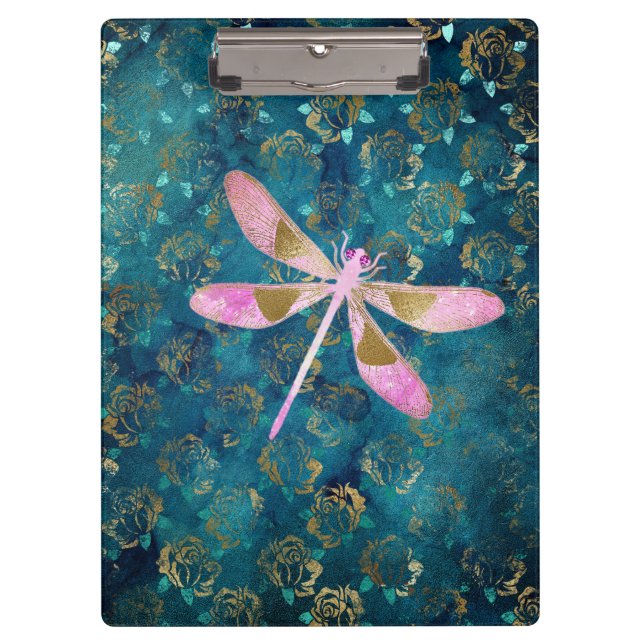 Rose Gold Dragonfly on Turquoise Floral Background Clipboard (Front)