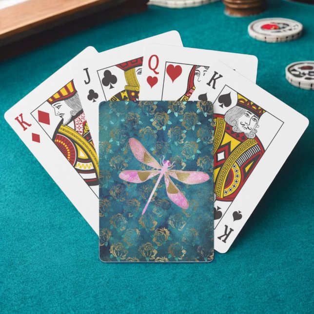 Rose Gold Dragonfly on Turquoise Floral Background Playing Cards (Creator Uploaded)