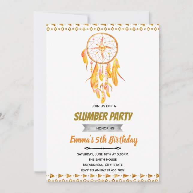 Rose gold dreamcatcher sleepover invitation (Front)