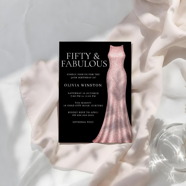 Rose Gold Dress & Black Womans 50th Birthday Party Invitation (Creator Uploaded)