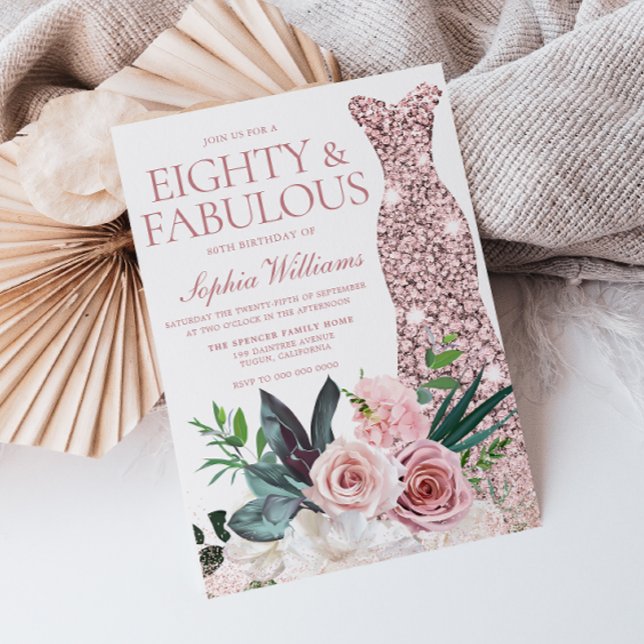 Rose Gold Dress Blush Floral 80th Birthday Party Invitation (Creator Uploaded)