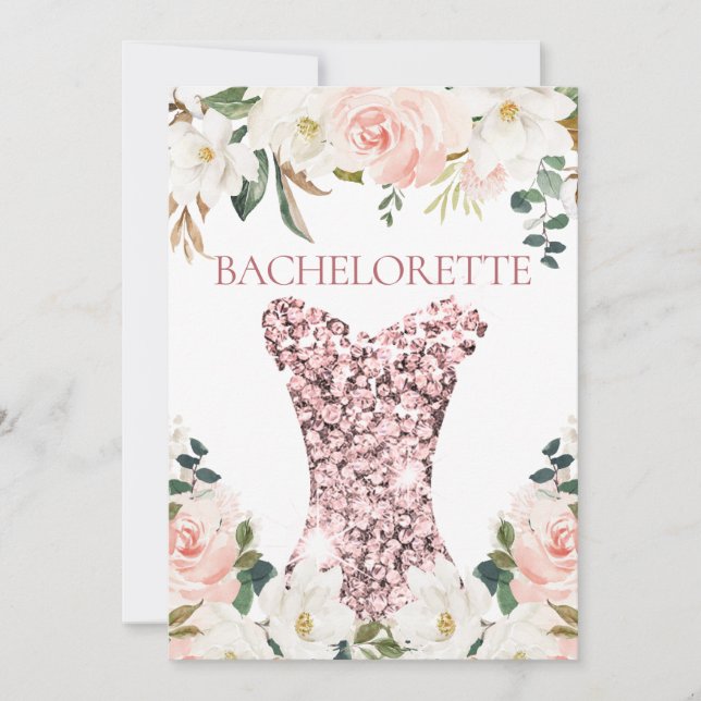 Rose Gold Dress Blush Floral Bachelorette Party Invitation (Front)