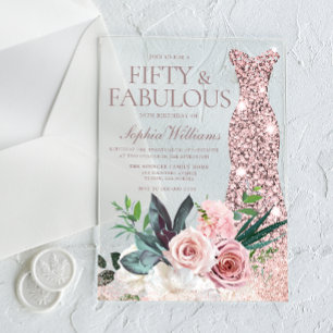 Rose Gold Dress Blush Floral Womans 50th Birthday Acrylic Invitations
