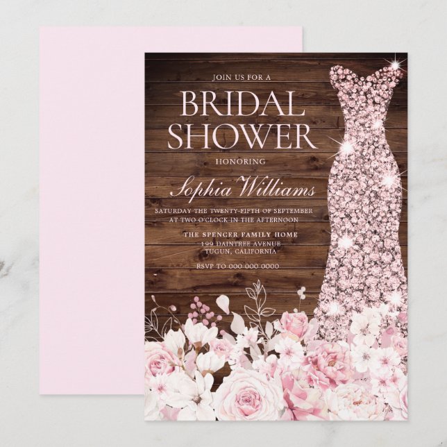 Rose Gold Dress Blush Flowers Rustic Bridal Shower Invitation (Front/Back)