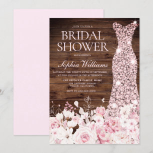 Rose Gold Dress Blush Flowers Rustic Bridal Shower Invitation