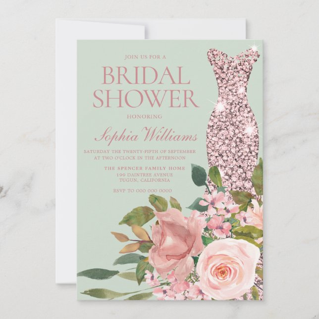 Rose Gold Dress Blush Flowers Sage Bridal Shower Invitation (Front)