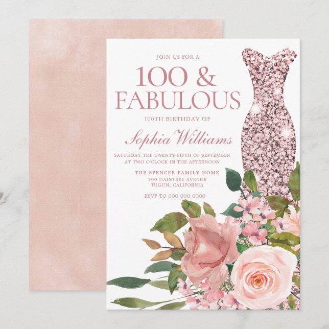 Rose Gold Dress Blush Pink Flowers 100th Birthday Invitation (Front/Back)