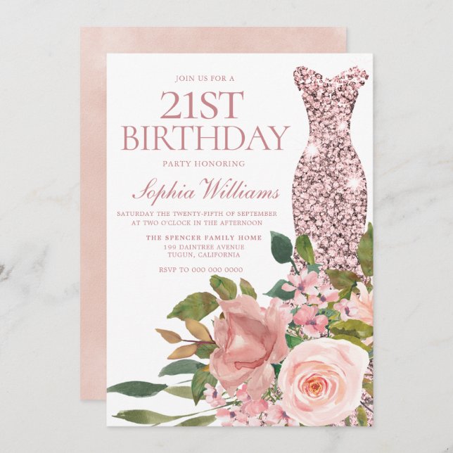 Rose Gold Dress Blush Pink Flowers 21st Birthday Invitation (Front/Back)