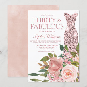 Rose Gold Dress & Blush Pink Flowers 30th Birthday Invitation