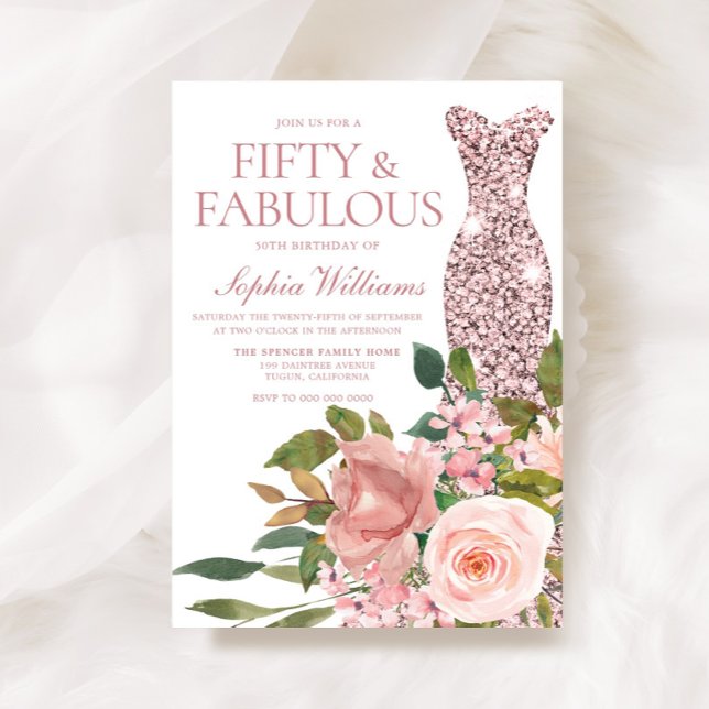 Rose Gold Dress & Blush Pink Flowers 50th Birthday Invitation (Creator Uploaded)