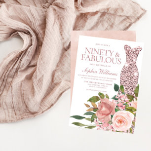 Rose Gold Dress & Blush Pink Flowers 90th Birthday Invitation