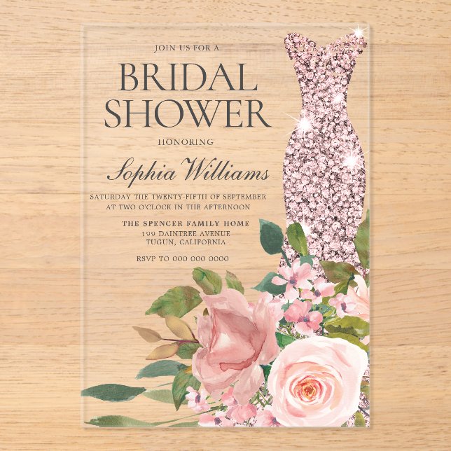 Rose Gold Dress & Blush Pink Flowers Bridal Shower Acrylic Invitations (Front)