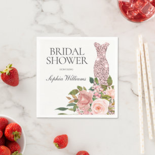 Rose Gold Dress & Blush Pink Flowers Bridal Shower Napkin