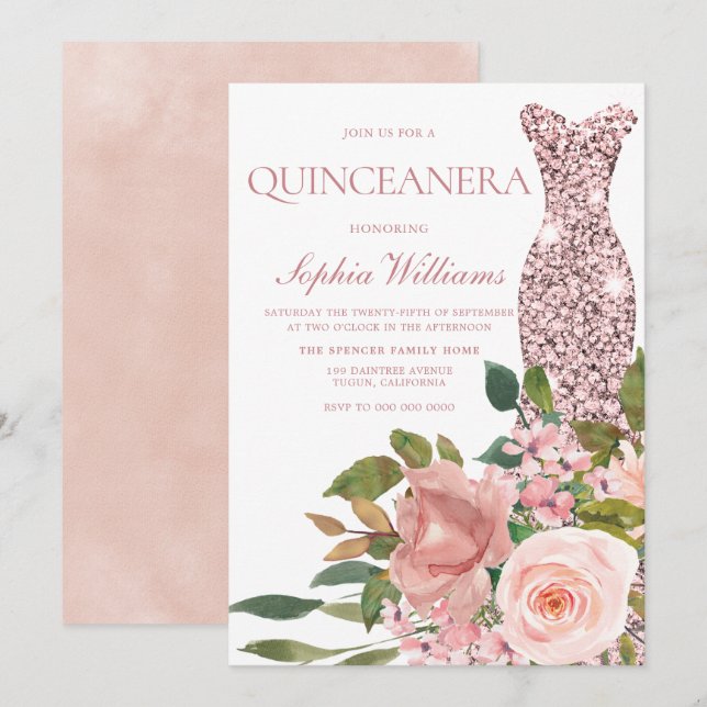 Rose Gold Dress & Blush Pink Flowers Quinceanera Invitation (Front/Back)