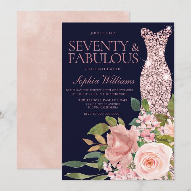 Rose Gold Dress Blush Pink & Navy 70th Birthday Invitation (Front/Back)